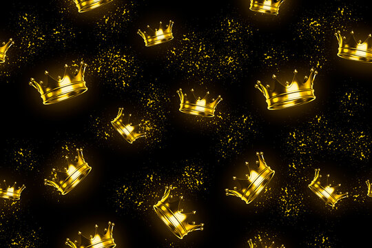 golden luxury shiny crowns pattern design on black background. used as Christmas decoration wallpaper or new year party wallpaper