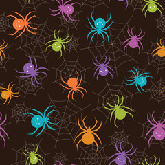 vector Colorful Halloween Spiders seamless, repeat pattern background. Perfect for Halloween themed gift wrapping, scrapbook, Banner, flyer, poster, invitation, postcard projects