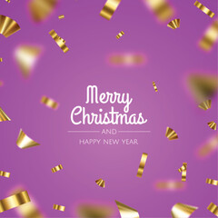 Falling shiny golden confetti isolated on violet background. Bright festive tinsel of gold color.