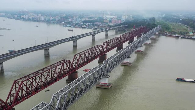 Meghna Bridge, Ashuganj, Bangladesh.
Aerial View Of Syed Nazrul Islam Bridge And Two Rail Way Bridges Cross The Meghna River From Bhairab Bazar To Ashuganj. Bangladesh.