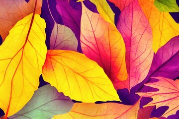 Naklejka na ściany i meble Autumn leaves background. Autumn illustration of colorful watercolor banner. 