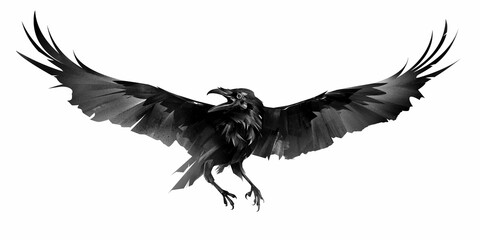 drawn bird in flight. black raven flapping wings - 542484839