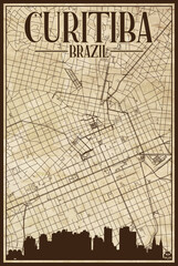 Brown vintage hand-drawn printout streets network map of the downtown CURITIBA, BRAZIL with highlighted city skyline and lettering