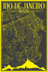 Black and yellow vintage hand-drawn printout streets network map of the downtown RIO DE JANEIRO, BRAZIL with highlighted city skyline and lettering