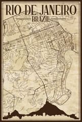 Brown vintage hand-drawn printout streets network map of the downtown RIO DE JANEIRO, BRAZIL with highlighted city skyline and lettering