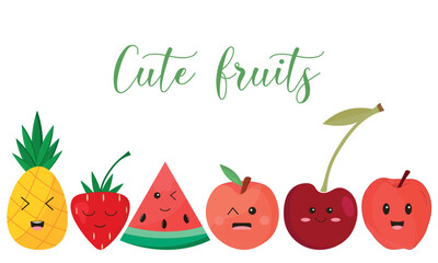Set of cute fruits with kawaii faces isolated on white background. Food vector flat  illustration