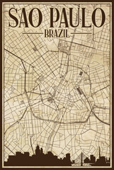 Brown vintage hand-drawn printout streets network map of the downtown SAO PAULO, BRAZIL with highlighted city skyline and lettering