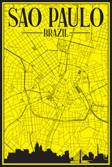 Yellow vintage hand-drawn printout streets network map of the downtown SAO PAULO, BRAZIL with highlighted city skyline and lettering