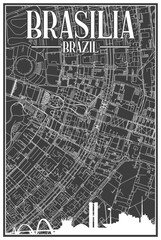 Black vintage hand-drawn printout streets network map of the downtown BRASILIA, BRAZIL with highlighted city skyline and lettering