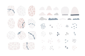 Collection of winter map view with roads, rivers, snowy landscapes. Small city, town map card creator with snow mountains, snowflakes, snow globes. Vector illustration in doodle hand drawn flat style