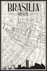 White vintage hand-drawn printout streets network map of the downtown BRASILIA, BRAZIL with highlighted city skyline and lettering