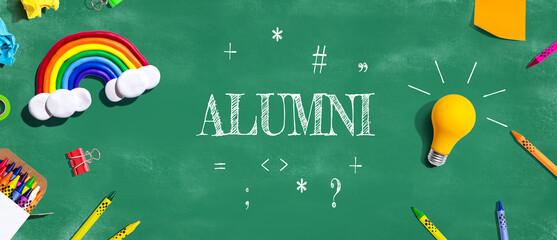 Alumni theme with school supplies overhead view - flat lay