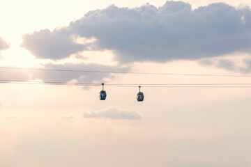 Teleferico or cablebus cabin in Mexico City with the sky in the background at sunset