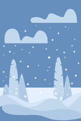 Winter landscape with early nights coming on. Snowy hills and trees. Vector illustration in flat style. 
