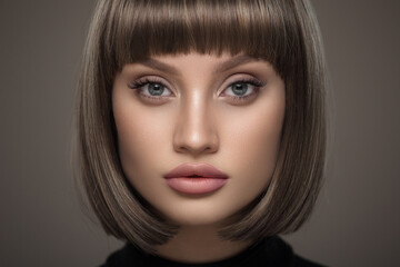 Portrait of a beautiful brown-haired woman with a short haircut - 542486611