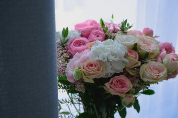 tender bouquet of roses flower in interior, romantic valentine, wedding decor, floral gift	