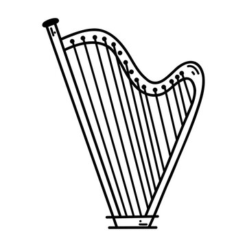 Doodle harp. Vector sketch illustration of musical instrument, black outline art for web design, icon, print, coloring page
