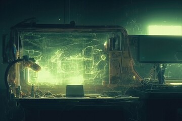 virtual cyberpunk electric device scenario in future factory or office. circuit, chips, painting, rendering illustration.