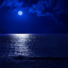 Fototapeta na wymiar Moonlight Cloudy Night Sea Beach