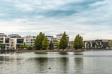 Fototapeta na wymiar View of the Phoenix lake (Phoenixsee) in Dortmund, Germany, copy space