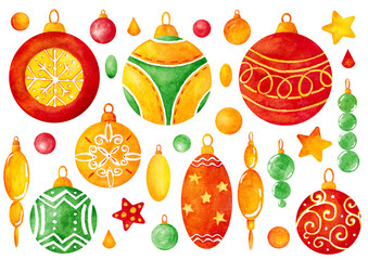 Set of watercolor christmas balls and toys. Watercolor Christmas Toys Collection