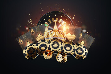Casino banner, creative background, playing cards in black and gold style, luxury. Concept of online gambling, recreation, poker, black jack, online casino. Copy space, 3D illustration, 3D render. - obrazy, fototapety, plakaty