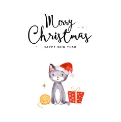 Merry Christmas and Happy New Year card. Watercolor illustration of cat and presents on the white background. 