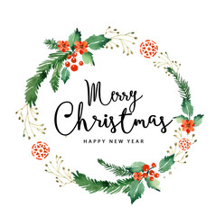 Watercolor christmas wreath card. Merry Christmas and Happy New Year card.