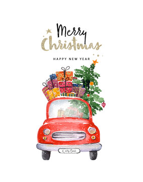 Merry Christmas and Happy New Year illustration. Watercolor christmas car illustration and christmas tree on the white background. Xmas card.