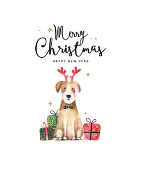 Merry Christmas and Happy New Year illustration with christmas dog and presents on the white background. Watercolor illustration of dog. 