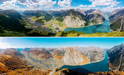 comparative aerial image in the summer and autumn seasons of Livigno in Italy