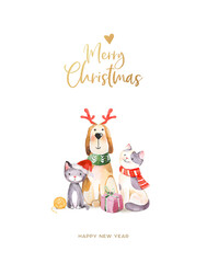 Christmas watercolour greeting card with watercolor illustrations of dog, cat and presents on the white background. Hand drawing illustrations. Merry Christmas and Happy New Year card.