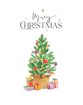 Christmas greeting card with watercolor illustrations of christmas tree and presents. Hand drawing illustrations. Merry Christmas and Happy New Year card.