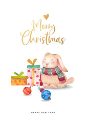 Christmas greeting card with watercolor illustrations of Christmas rabbit. Hand drawing illustrations. Merry Christmas and Happy New Year card. 2023.