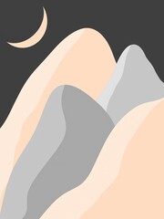 Minimal mountain and half-moon Illustration, Simple colorful design, medium gray, Cream, Silver,  Minimalist Illustration