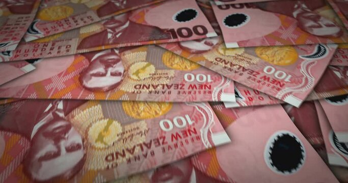 New Zealand dollar 100 NZD banknote surface. Flying over New Zealand money note. 3D abstract concept of business, inflation, economy, finance, crisis and banking.