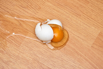broken egg on the wooden floor.