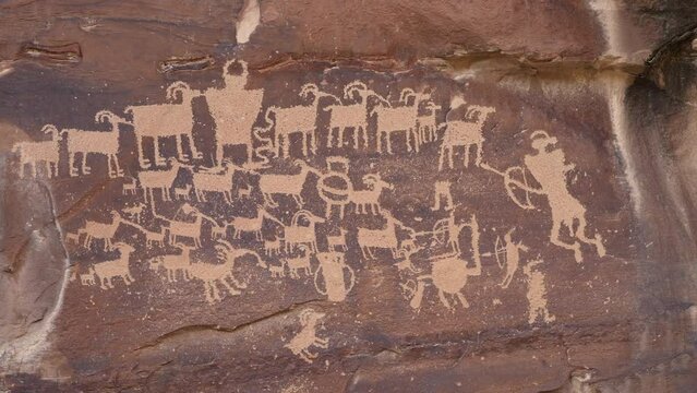 The Great Hunt Rock Art Panel in Nine Mile Canyon part of the world's longest art gallery in Utah, petroglyphs from Fremont Native Americans.