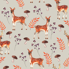 Watercolor deers, autumn leaves and mushrooms seamless pattern. Wild animal forest art.