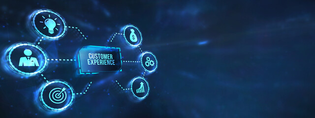 Fototapeta premium Internet, business, Technology and network concept. CUSTOMER EXPERIENCE inscription, social networking concept. 3d illustration.