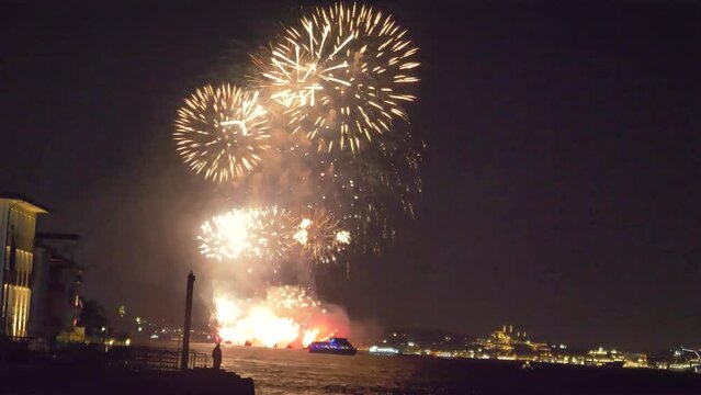 Fireworks show in the Bosphorus. Beautiful fireworks explosions. Light and fireworks. light show 4K video