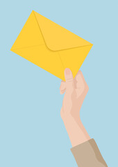 Hand holds envelope with notification. Email, letter, correspondence, new e-mail message, incoming messages concepts