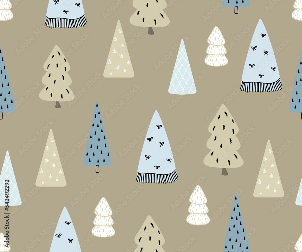 Poster seamless vector pattern with christmas trees in doodle style.
