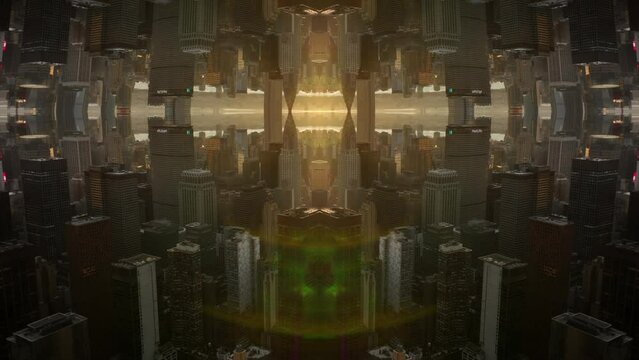 Aerial view of modern urban borough in metropolis. Abstract computer effect digital composed footage.