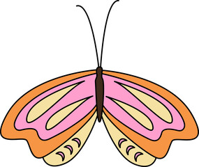 Retro butterfly sticker . 70s vibes groovy illustration.  Nostalgic retro style. Hippie vector retro sticker with line