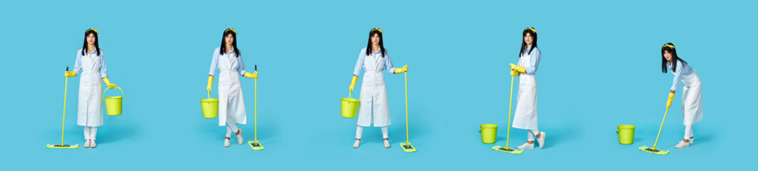 woman in rubber gloves and cleaner apron with cleaning supplies