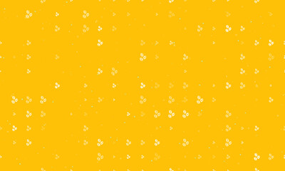 Seamless background pattern of evenly spaced white coffee beans symbols of different sizes and opacity. Vector illustration on amber background with stars