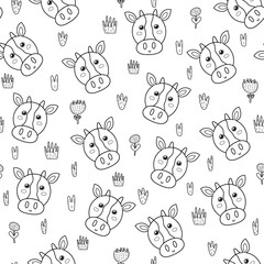 Cute cow black and white seamless pattern. Background for coloring book in cartoon style with farm animal character. Vector illustration