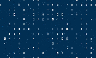 Seamless background pattern of evenly spaced white ace of spades cards of different sizes and opacity. Vector illustration on dark blue background with stars