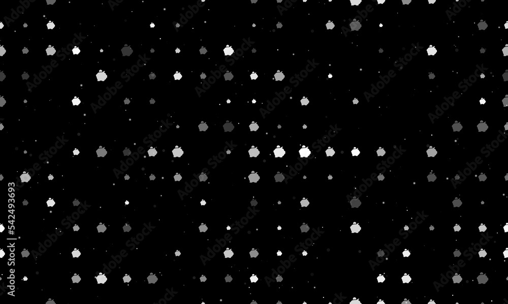 Poster seamless background pattern of evenly spaced white piggy bank symbols of different sizes and opacity